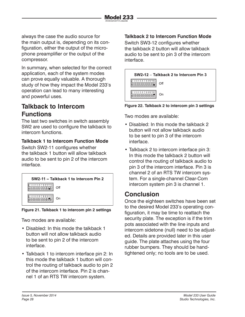 Talkback to intercom functions, Conclusion | Studio Technologies M233-01151 User Manual | Page 28 / 47