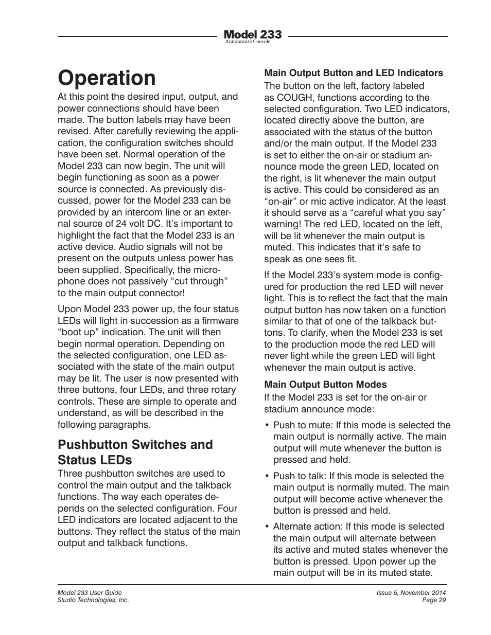 Operation, Pushbutton switches and status leds | Studio Technologies M233-01151 User Manual | Page 29 / 47