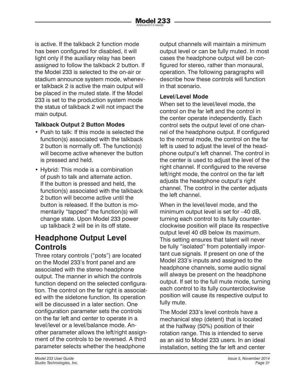 Headphone output level controls | Studio Technologies M233-01151 User Manual | Page 31 / 47