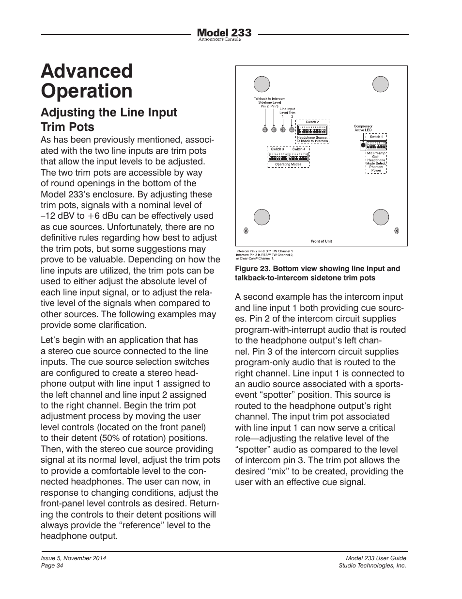 Advanced operation, Adjusting the line input trim pots | Studio Technologies M233-01151 User Manual | Page 34 / 47