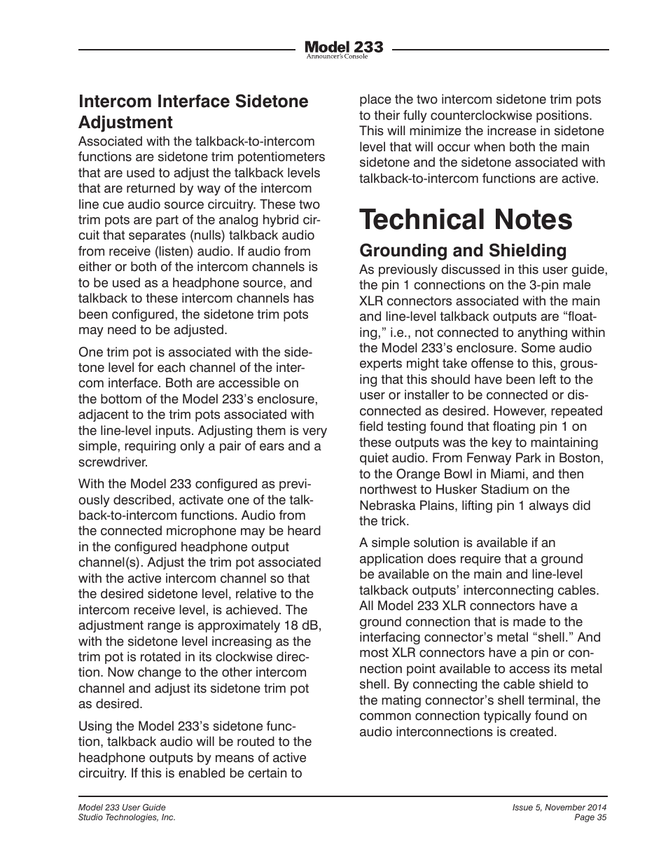 Technical notes, Intercom interface sidetone adjustment, Grounding and shielding | Studio Technologies M233-01151 User Manual | Page 35 / 47