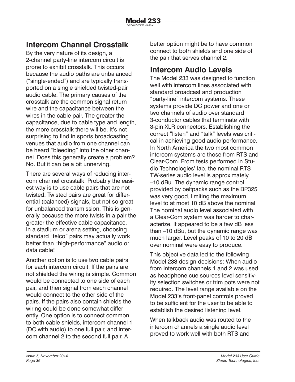 Intercom channel crosstalk, Intercom audio levels | Studio Technologies M233-01151 User Manual | Page 36 / 47