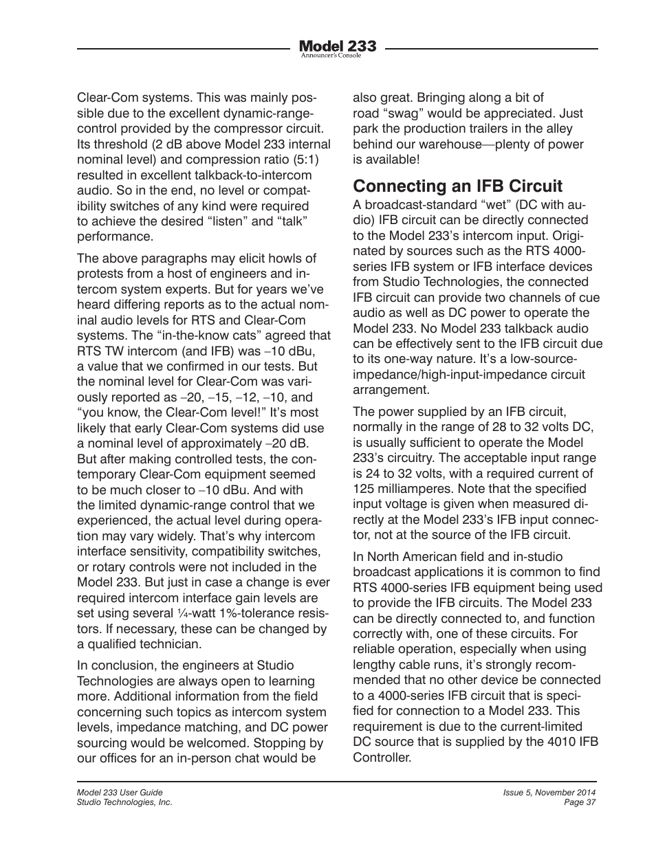 Connecting an ifb circuit | Studio Technologies M233-01151 User Manual | Page 37 / 47