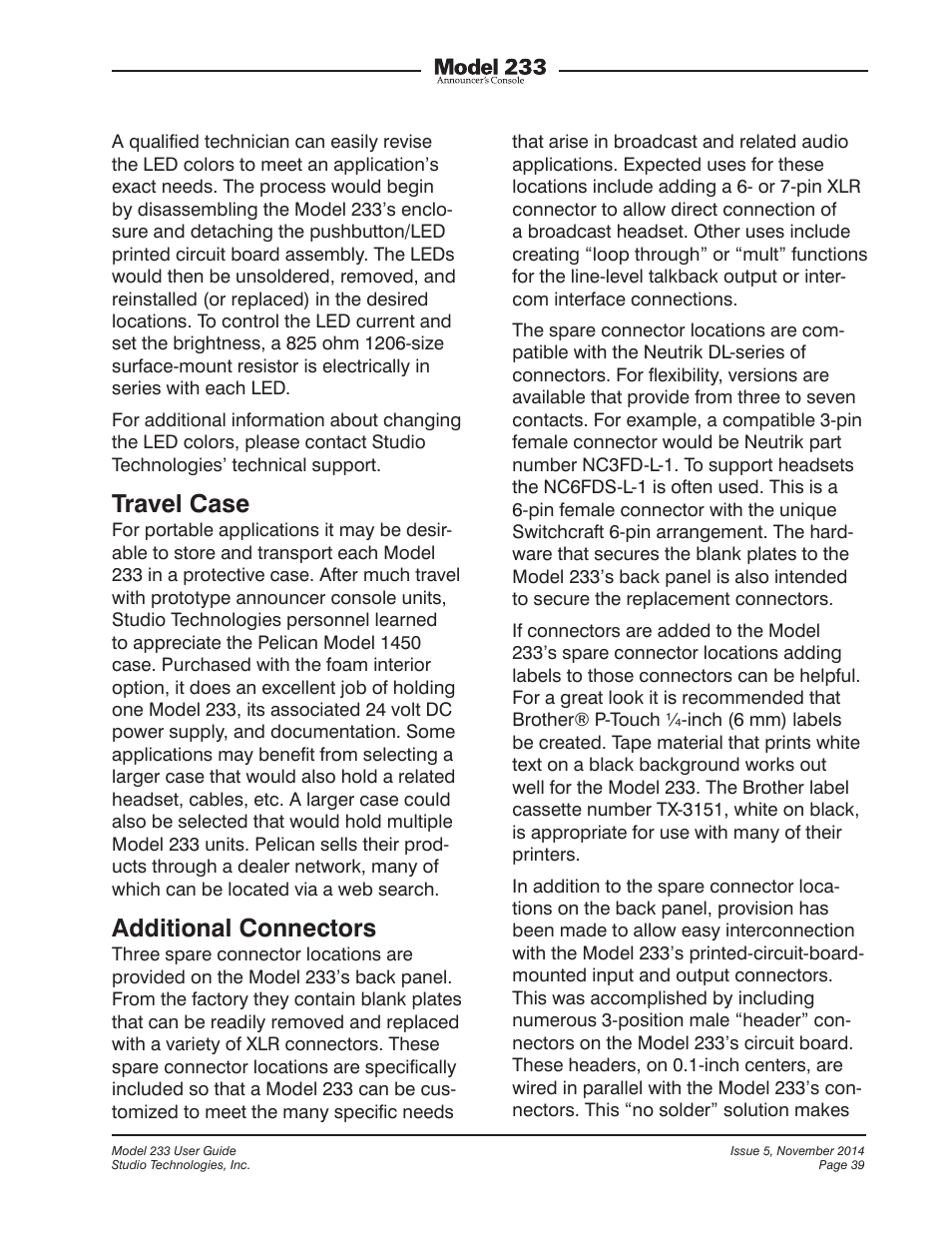 Travel case, Additional connectors | Studio Technologies M233-01151 User Manual | Page 39 / 47