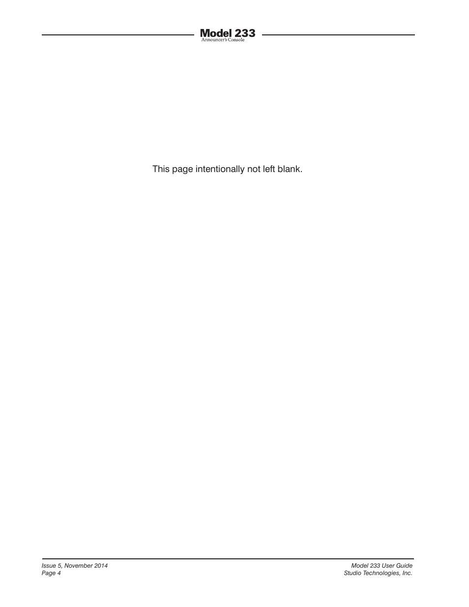 This page intentionally not left blank | Studio Technologies M233-01151 User Manual | Page 4 / 47