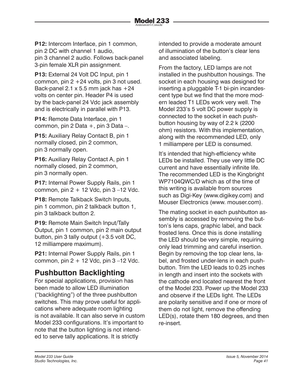 Pushbutton backlighting | Studio Technologies M233-01151 User Manual | Page 41 / 47