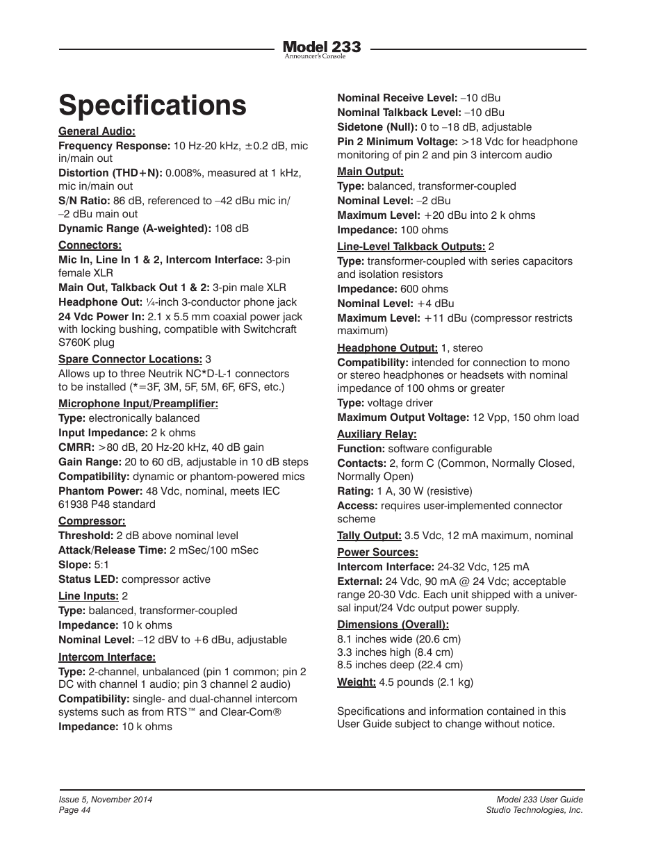 Specifications, Speciﬁcations | Studio Technologies M233-01151 User Manual | Page 44 / 47