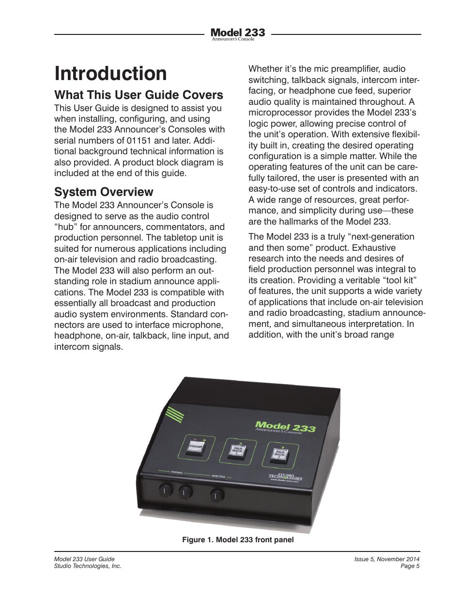 Introduction, What this user guide covers, System overview | Studio Technologies M233-01151 User Manual | Page 5 / 47