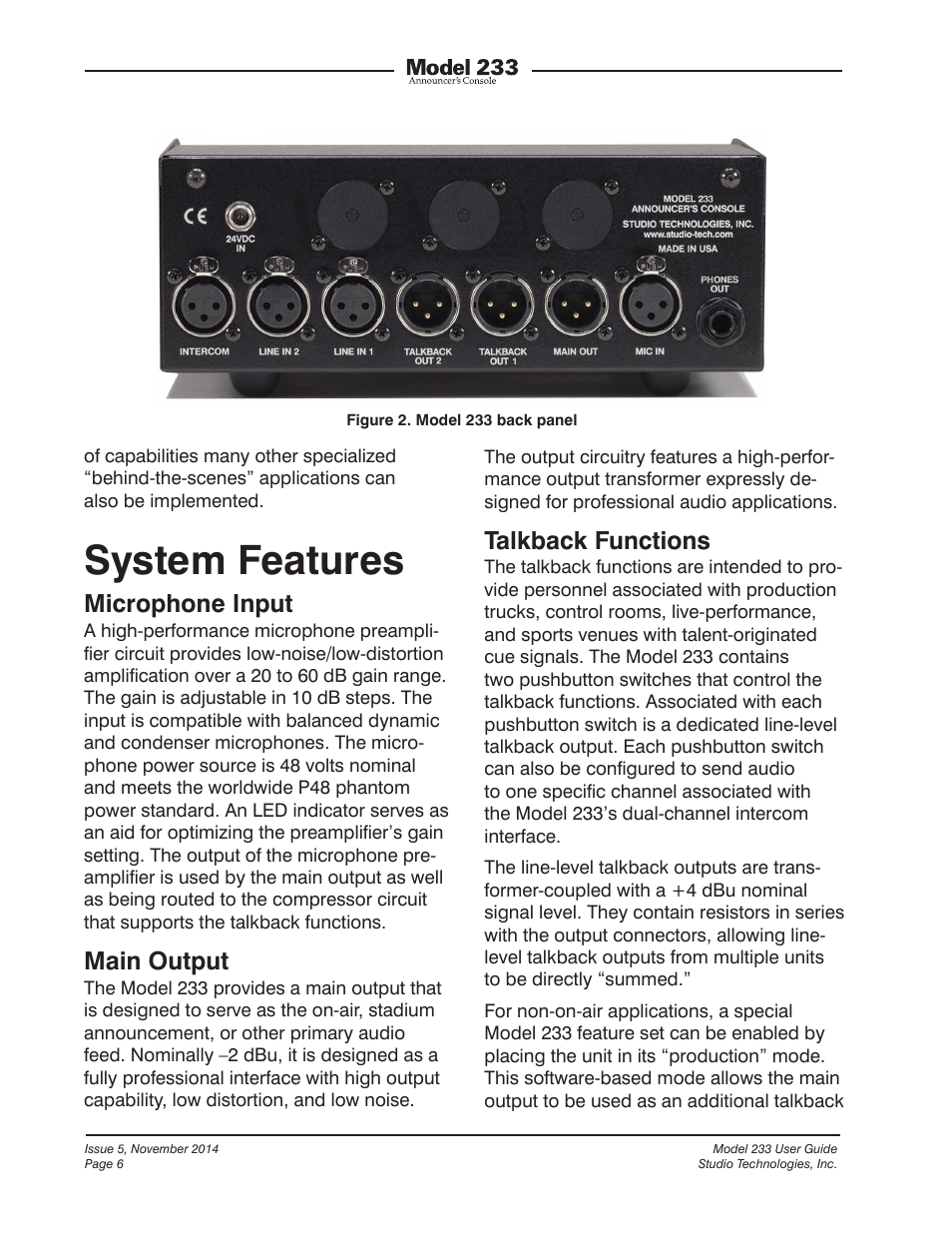 System features, Microphone input, Main output | Talkback functions | Studio Technologies M233-01151 User Manual | Page 6 / 47