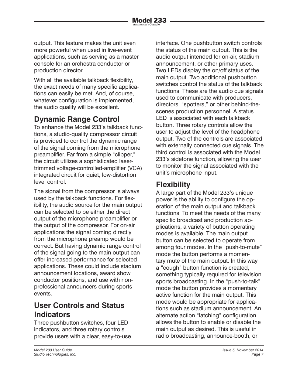 Dynamic range control, User controls and status indicators, Flexibility | Studio Technologies M233-01151 User Manual | Page 7 / 47