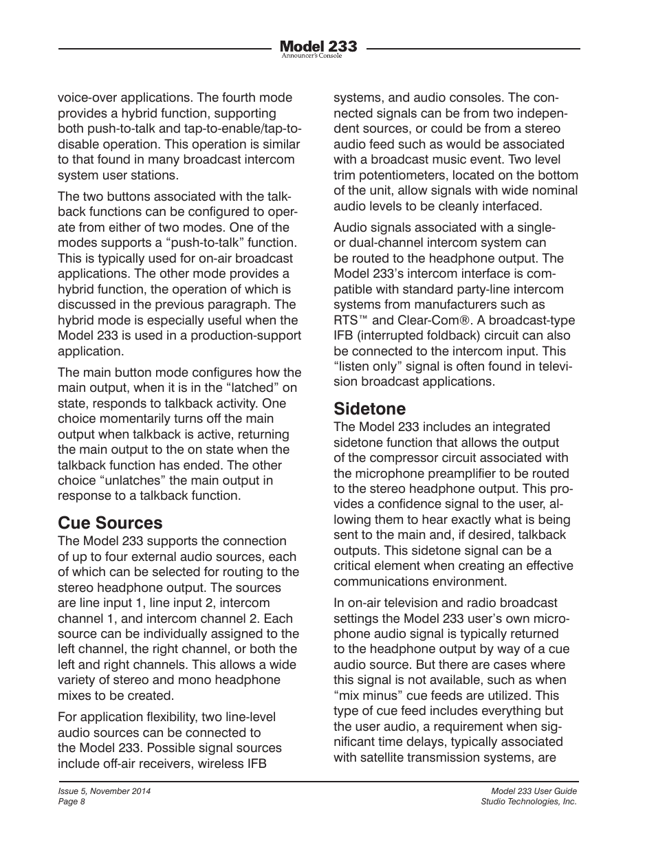Cue sources, Sidetone | Studio Technologies M233-01151 User Manual | Page 8 / 47