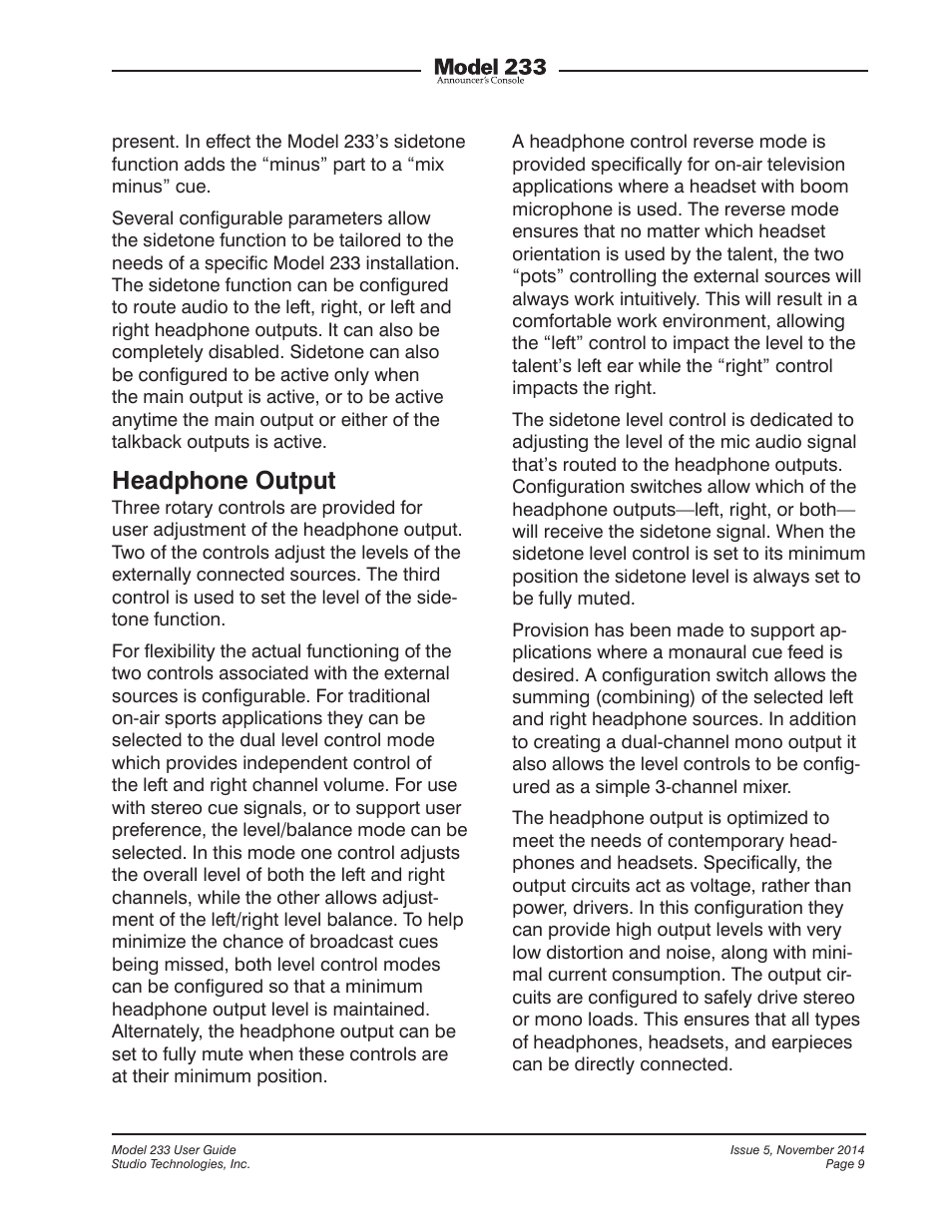 Headphone output | Studio Technologies M233-01151 User Manual | Page 9 / 47