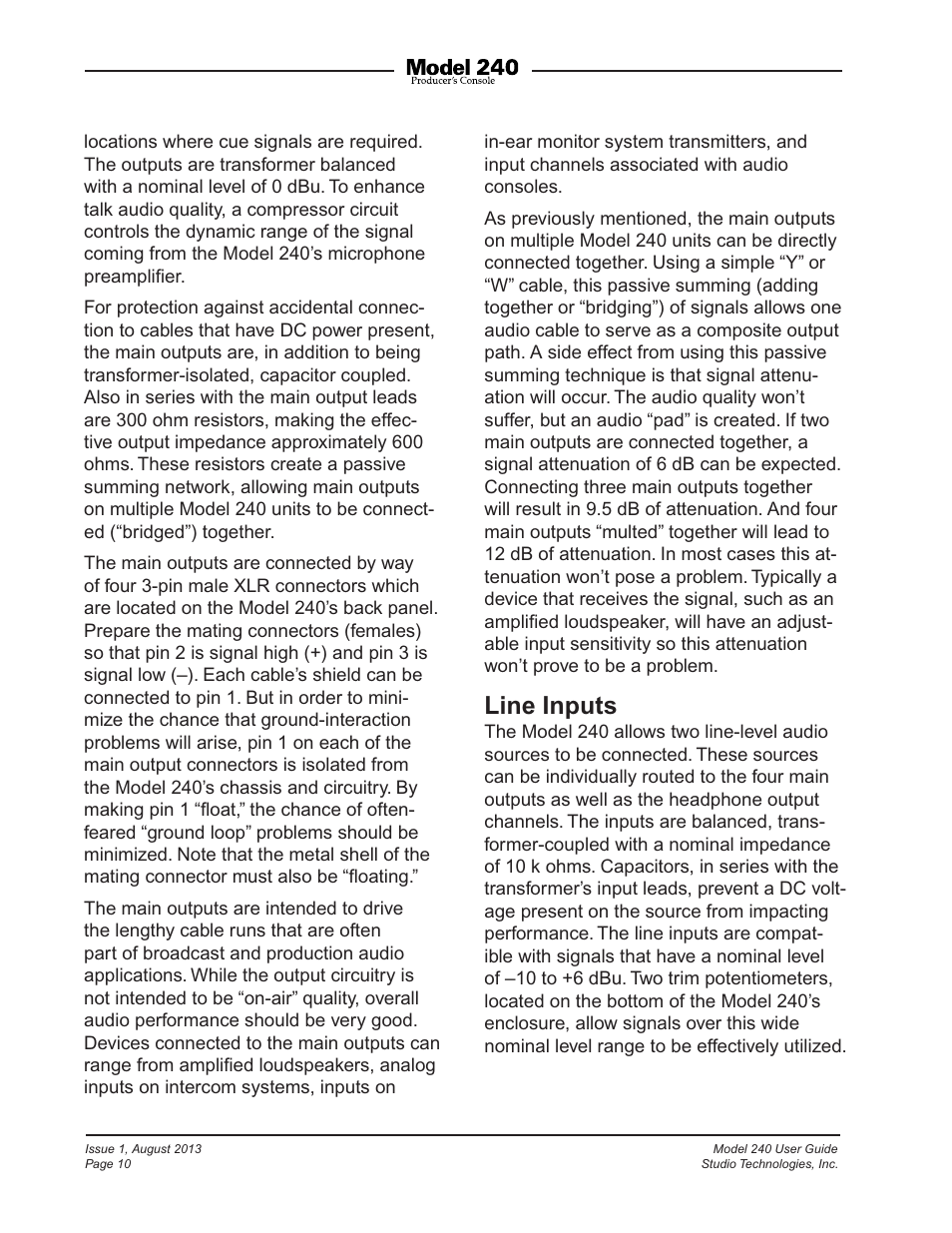 Line inputs | Studio Technologies 240 User Manual | Page 10 / 37