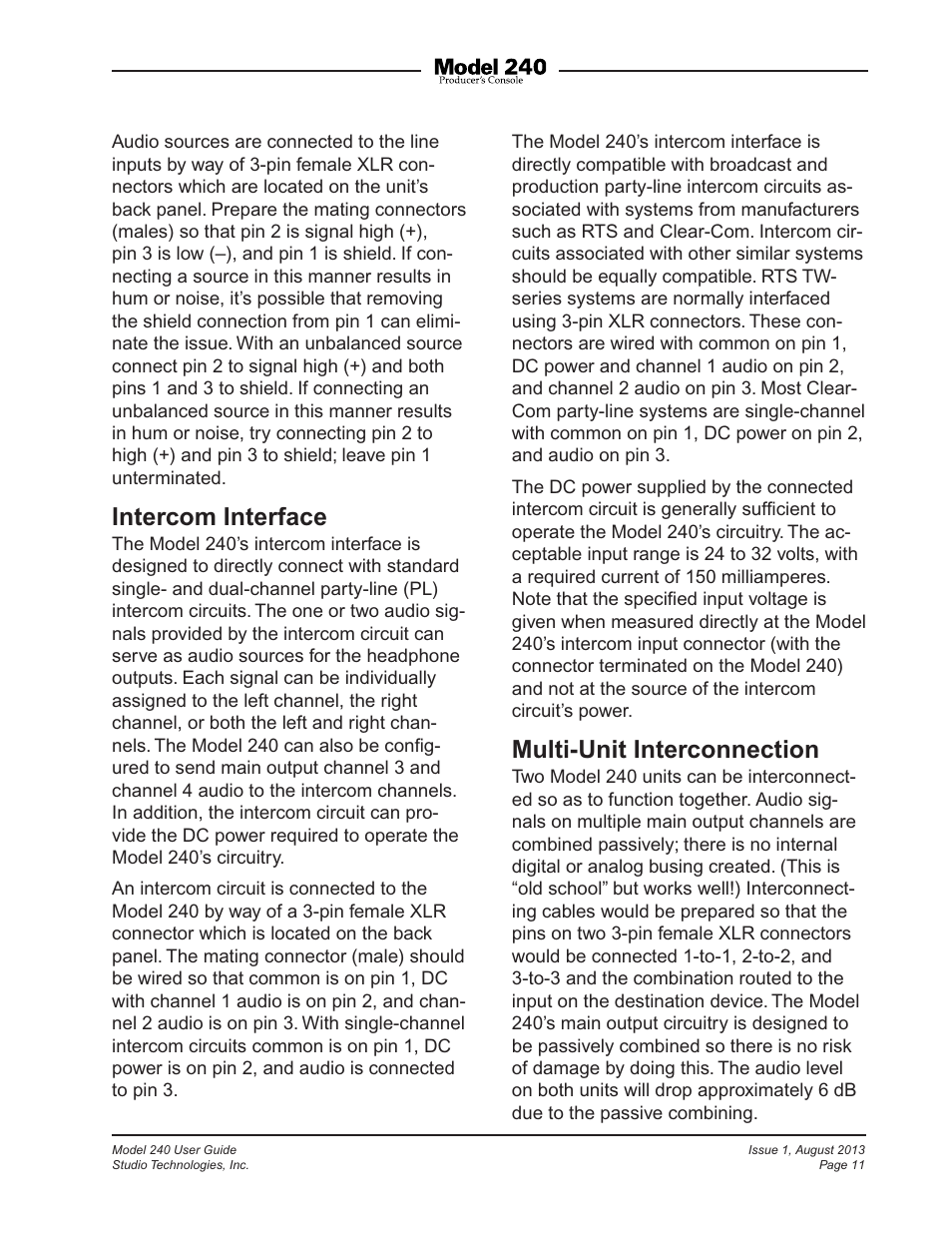 Intercom interface, Multi-unit interconnection | Studio Technologies 240 User Manual | Page 11 / 37