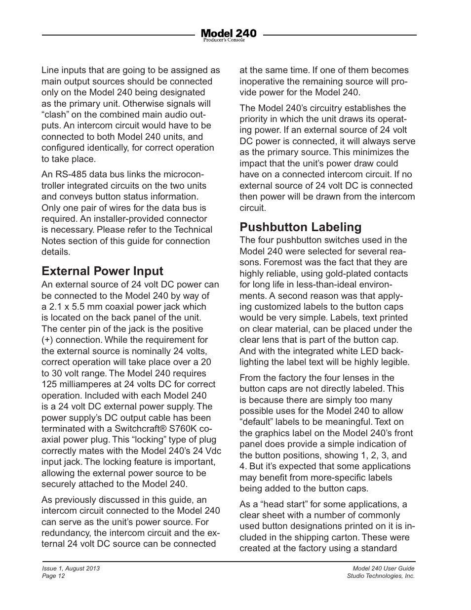 External power input, Pushbutton labeling | Studio Technologies 240 User Manual | Page 12 / 37