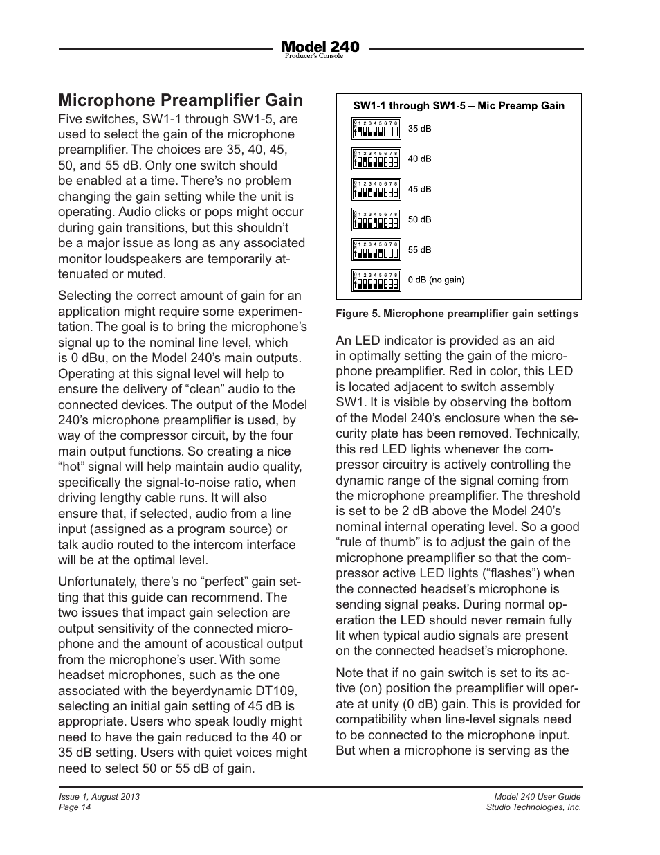 Microphone preampliﬁer gain | Studio Technologies 240 User Manual | Page 14 / 37