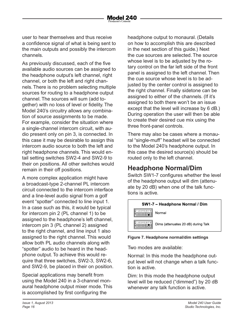 Headphone normal/dim | Studio Technologies 240 User Manual | Page 16 / 37