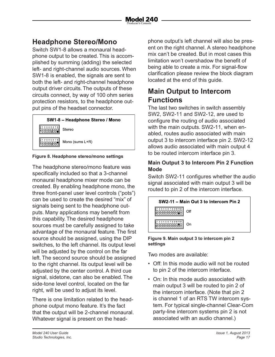 Headphone stereo/mono, Main output to intercom functions | Studio Technologies 240 User Manual | Page 17 / 37