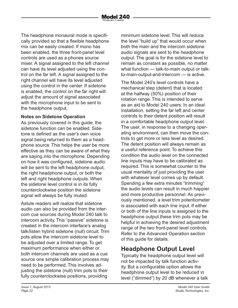 Headphone output level | Studio Technologies 240 User Manual | Page 22 / 37