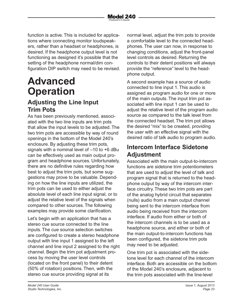 Advanced operation | Studio Technologies 240 User Manual | Page 23 / 37