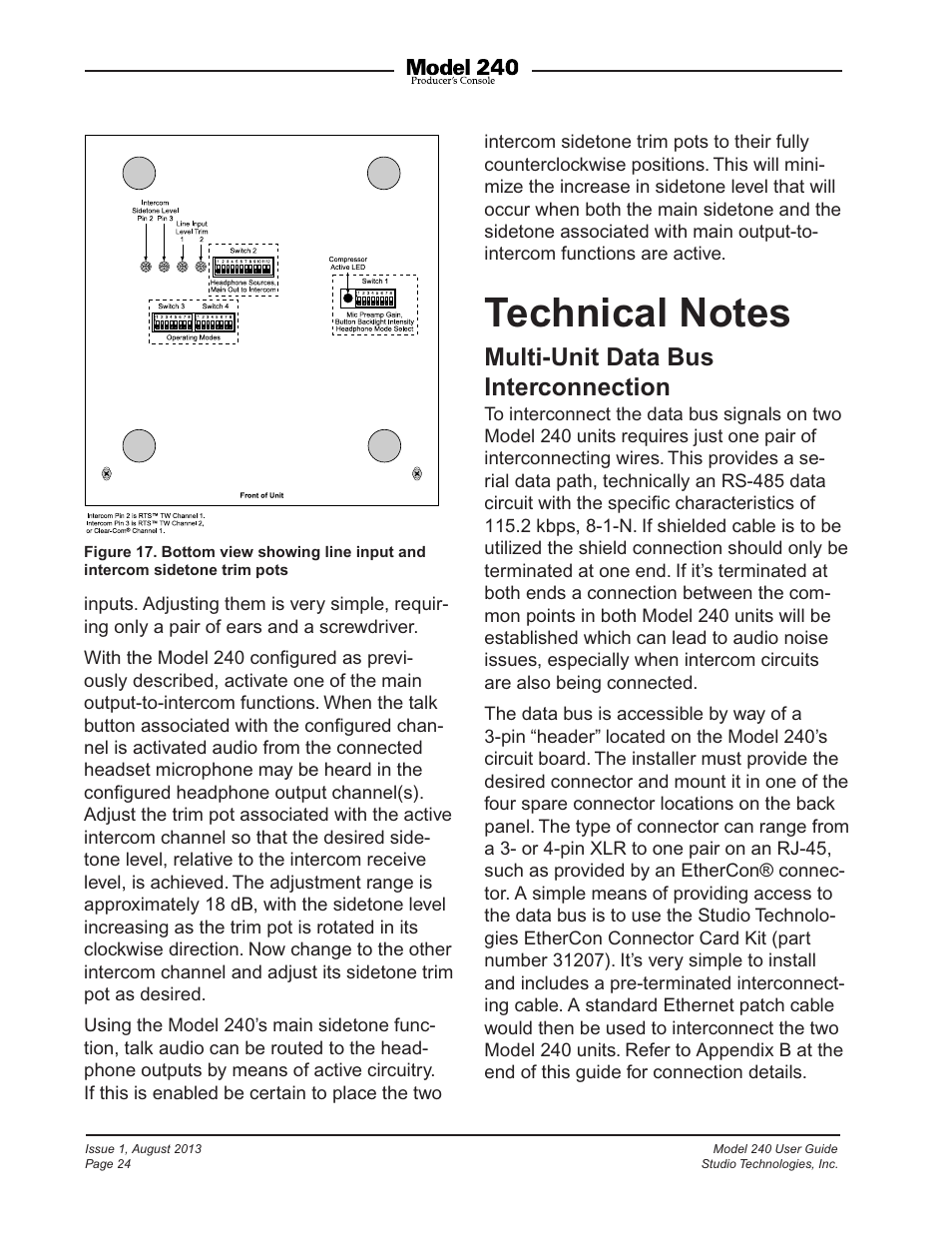 Technical notes, Multi-unit data bus interconnection | Studio Technologies 240 User Manual | Page 24 / 37