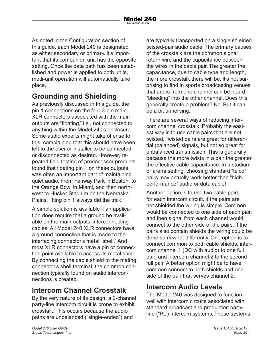 Grounding and shielding, Intercom channel crosstalk, Intercom audio levels | Studio Technologies 240 User Manual | Page 25 / 37