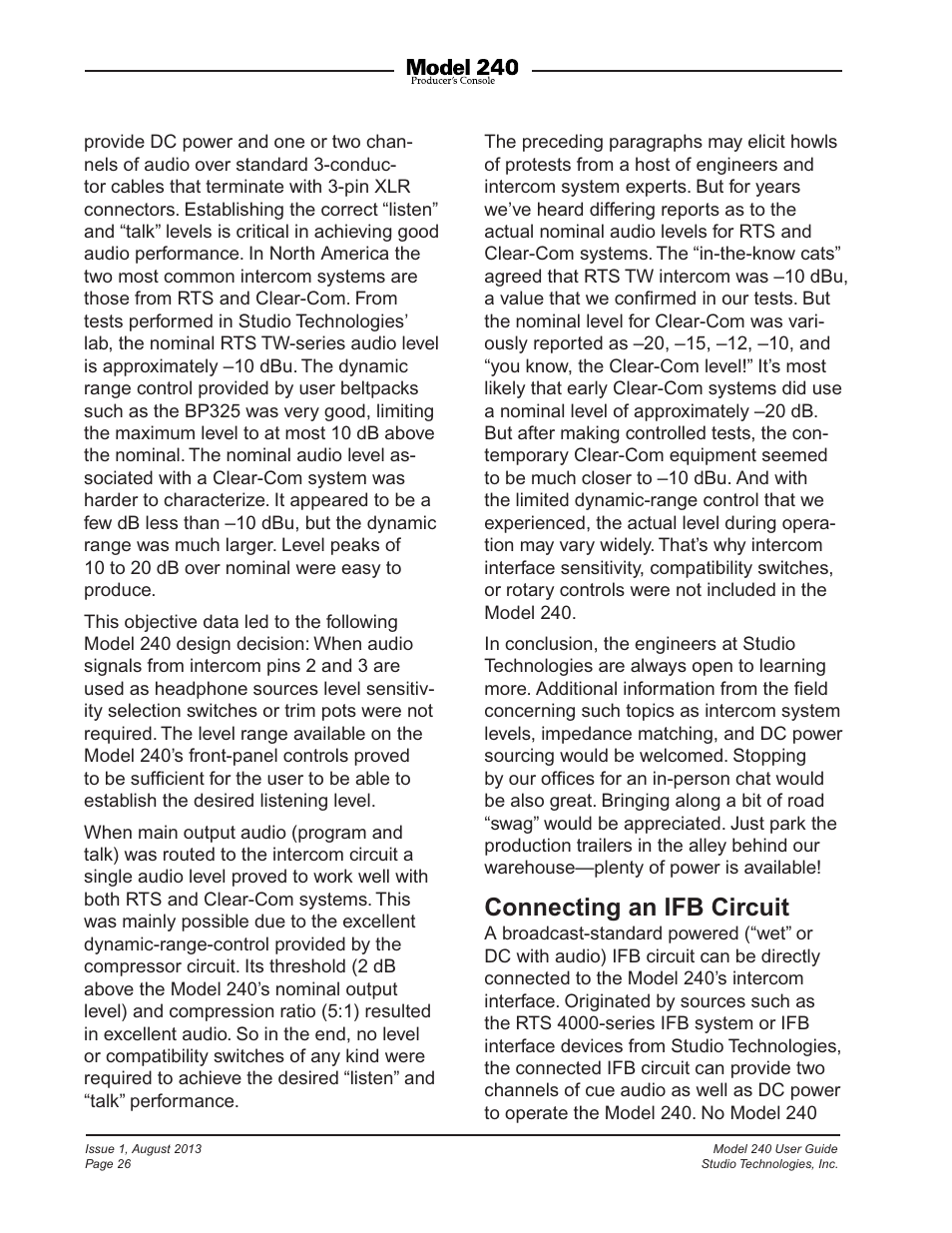 Connecting an ifb circuit | Studio Technologies 240 User Manual | Page 26 / 37