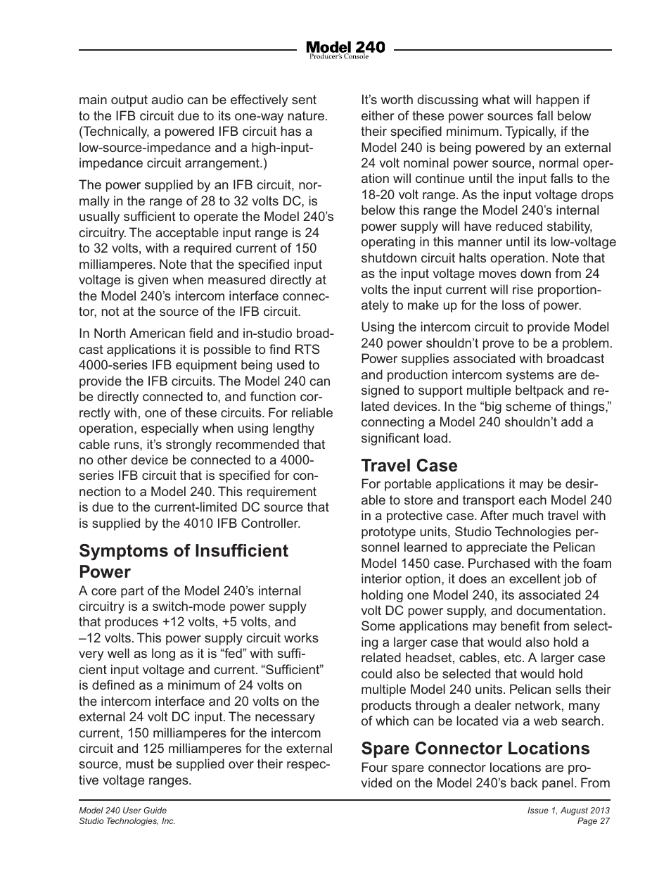 Symptoms of insufﬁcient power, Travel case, Spare connector locations | Studio Technologies 240 User Manual | Page 27 / 37