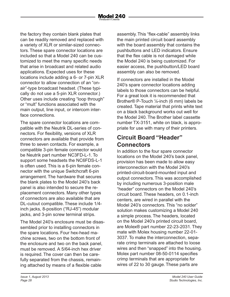 Circuit board “header” connectors | Studio Technologies 240 User Manual | Page 28 / 37