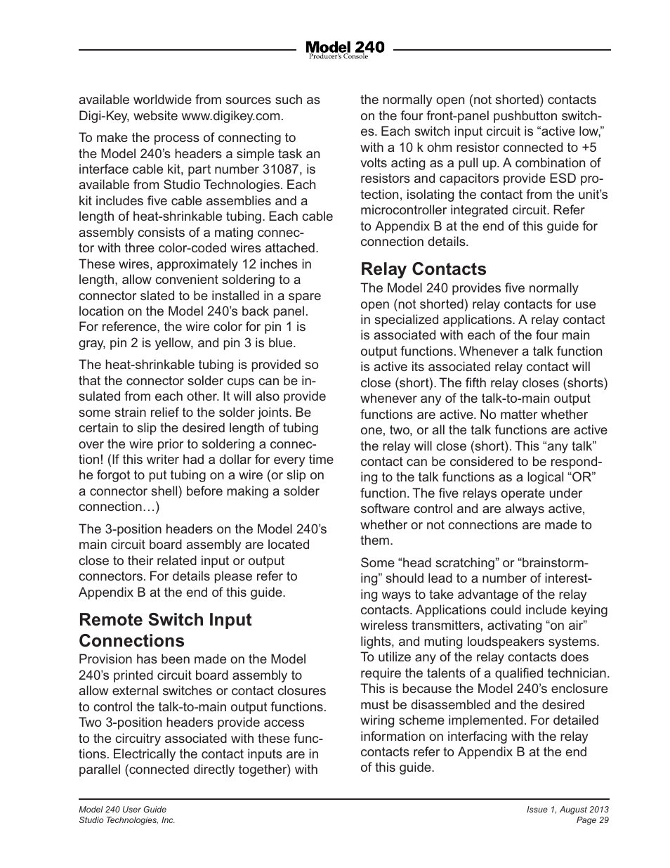 Remote switch input connections, Relay contacts | Studio Technologies 240 User Manual | Page 29 / 37