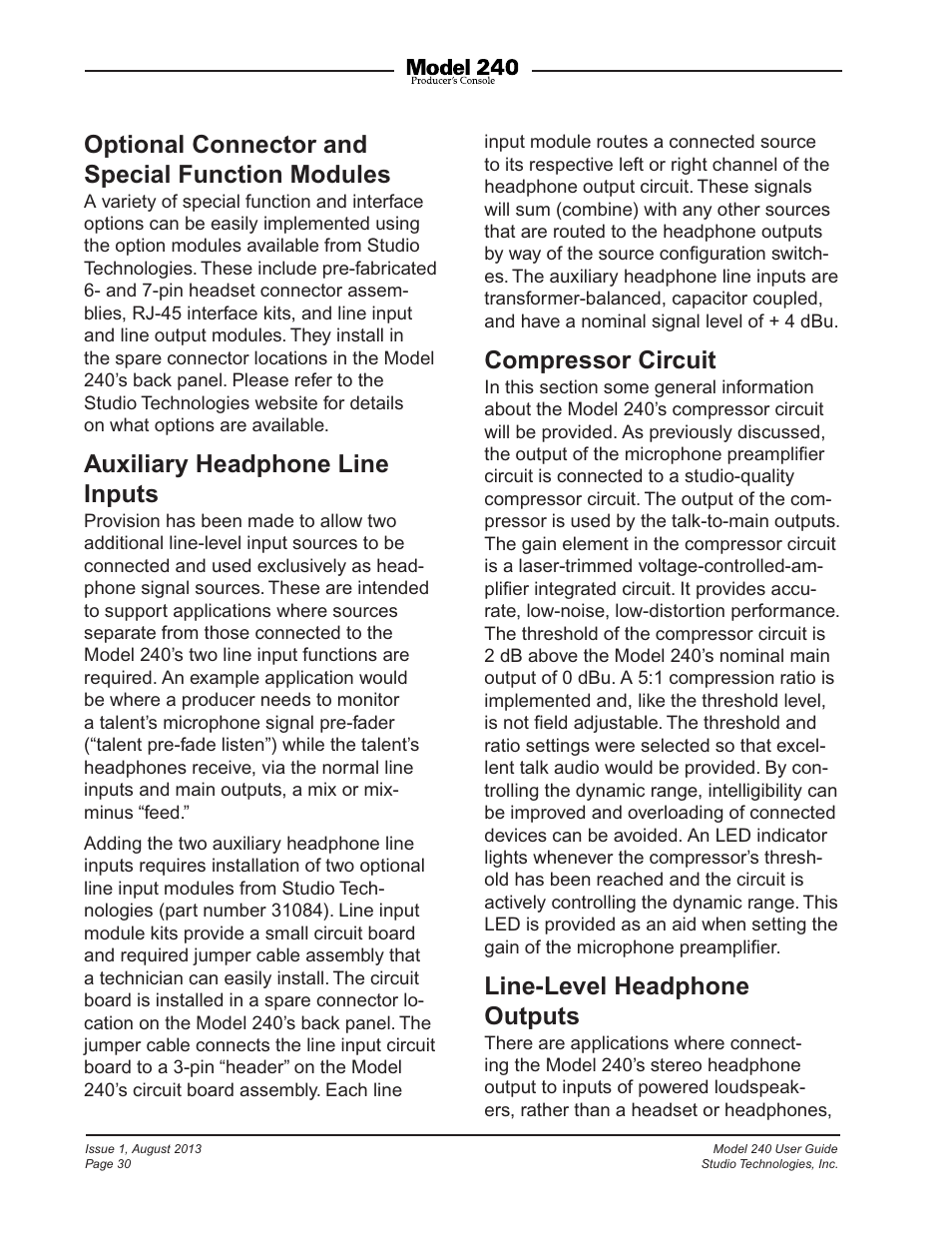 Optional connector and special function modules, Auxiliary headphone line inputs, Compressor circuit | Line-level headphone outputs | Studio Technologies 240 User Manual | Page 30 / 37