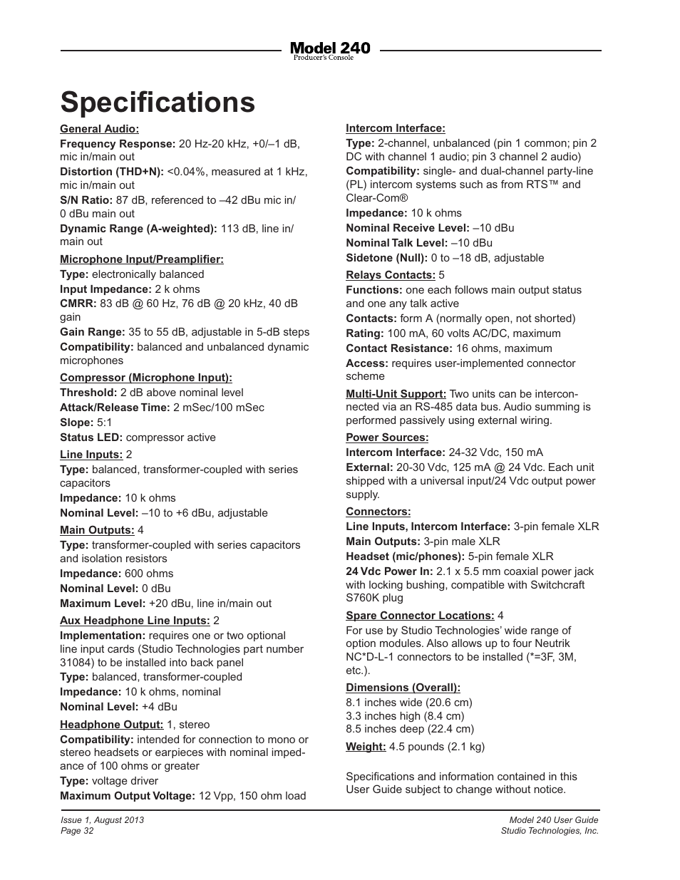 Specifications, Speciﬁcations | Studio Technologies 240 User Manual | Page 32 / 37