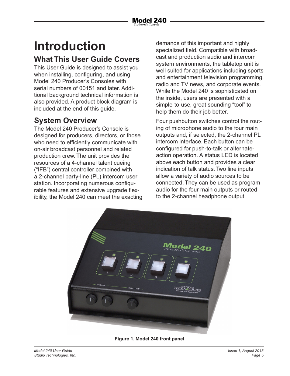 Introduction, What this user guide covers, System overview | Studio Technologies 240 User Manual | Page 5 / 37