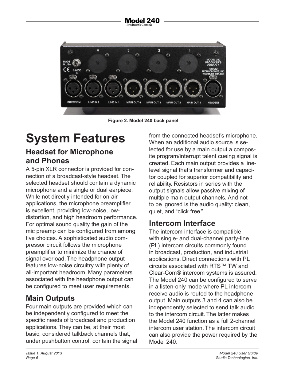 System features, Headset for microphone and phones, Main outputs | Intercom interface | Studio Technologies 240 User Manual | Page 6 / 37