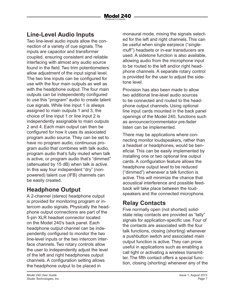 Line-level audio inputs, Headphone output, Relay contacts | Studio Technologies 240 User Manual | Page 7 / 37