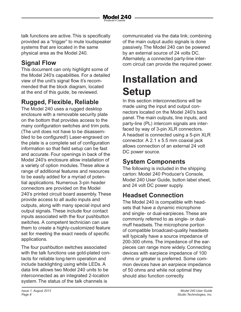 Installation and setup, Signal flow, Rugged, flexible, reliable | System components, Headset connection | Studio Technologies 240 User Manual | Page 8 / 37