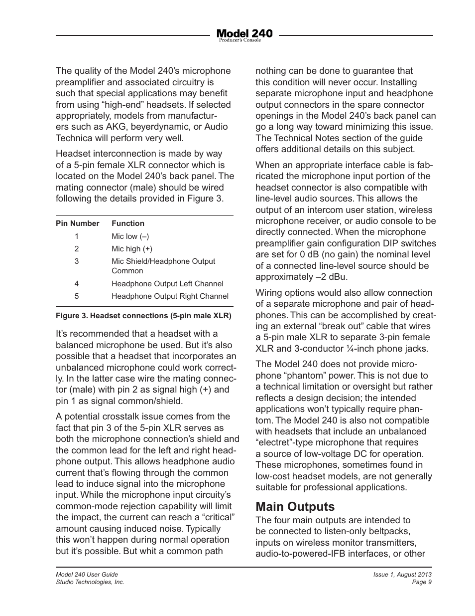 Main outputs | Studio Technologies 240 User Manual | Page 9 / 37