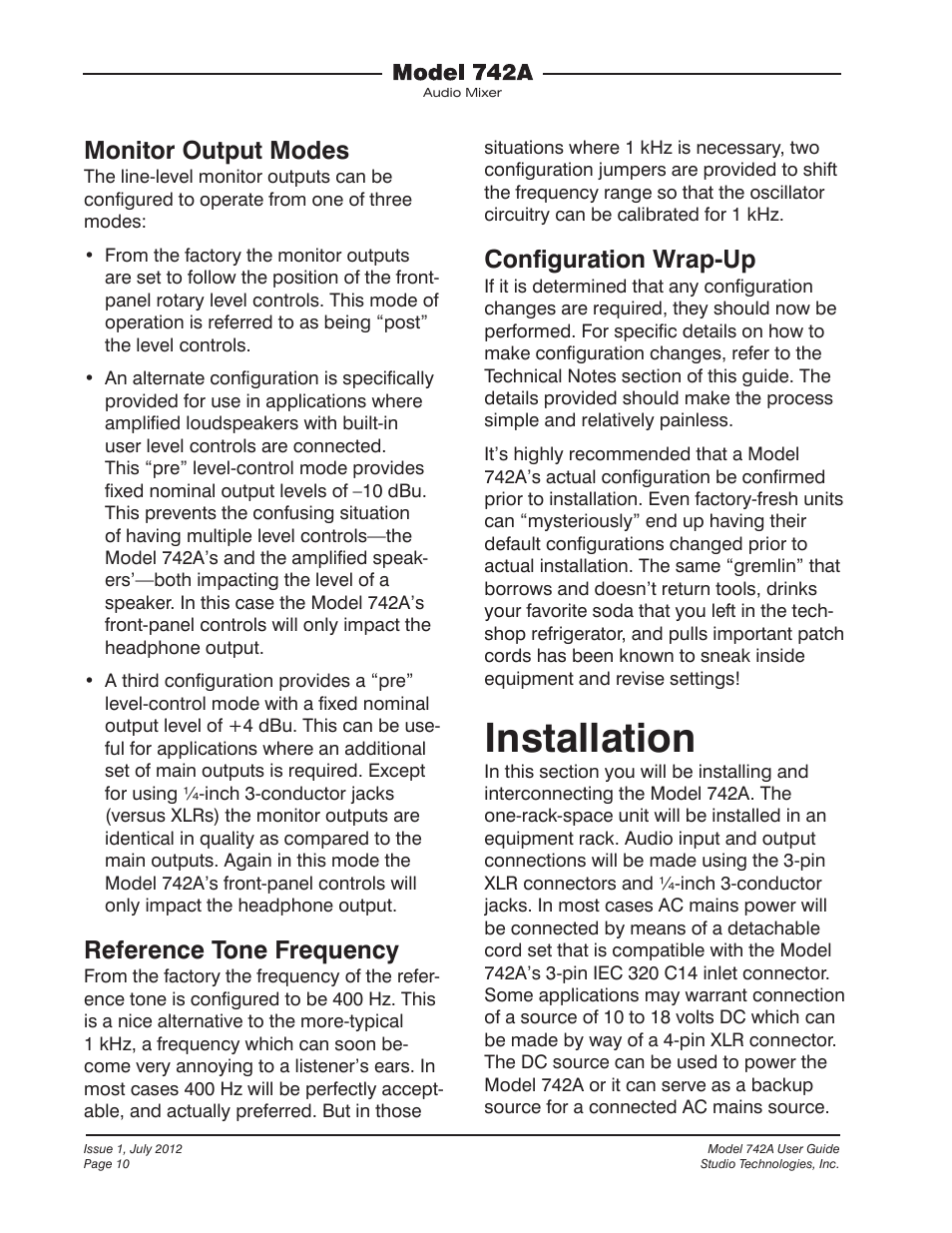 Installation, Monitor output modes, Reference tone frequency | Conﬁguration wrap-up | Studio Technologies 742A User Manual | Page 10 / 31