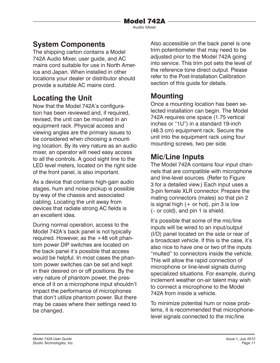 System components, Locating the unit, Mounting | Mic/line inputs | Studio Technologies 742A User Manual | Page 11 / 31