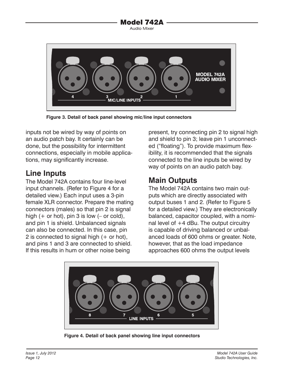 Line inputs, Main outputs | Studio Technologies 742A User Manual | Page 12 / 31