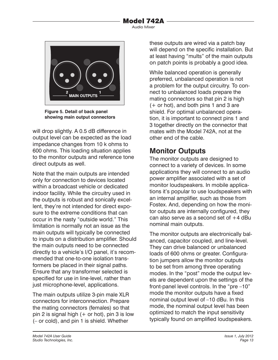 Monitor outputs | Studio Technologies 742A User Manual | Page 13 / 31