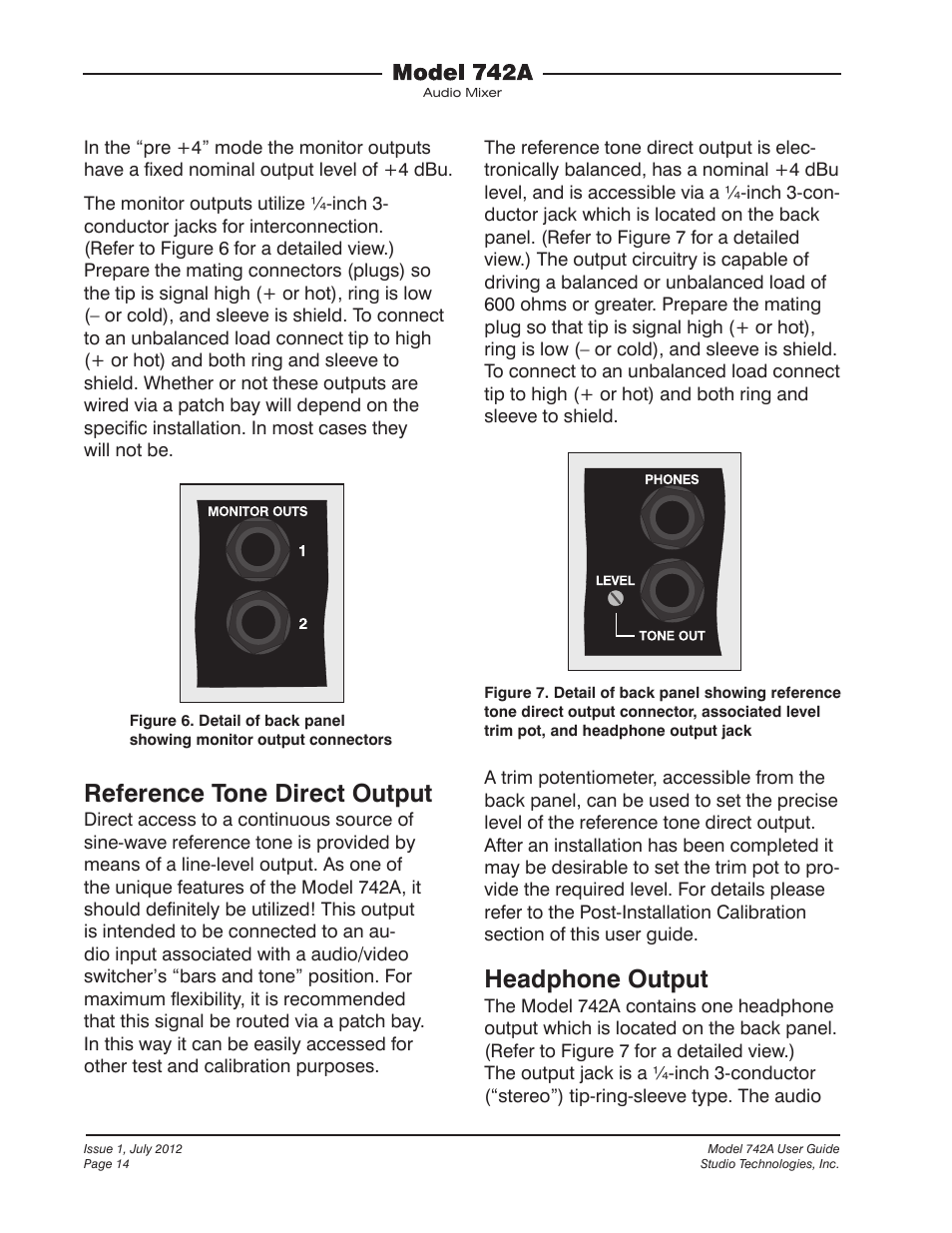 Reference tone direct output, Headphone output | Studio Technologies 742A User Manual | Page 14 / 31