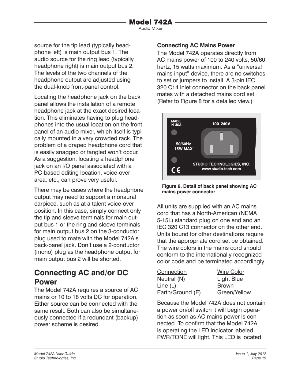 Connecting ac and/or dc power | Studio Technologies 742A User Manual | Page 15 / 31