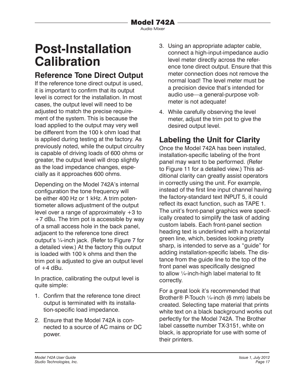 Post-installation calibration, Reference tone direct output, Labeling the unit for clarity | Studio Technologies 742A User Manual | Page 17 / 31