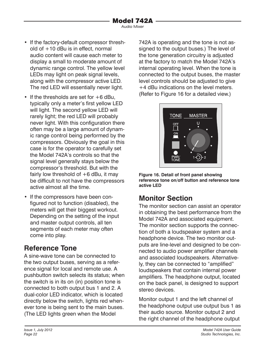 Reference tone | Studio Technologies 742A User Manual | Page 22 / 31