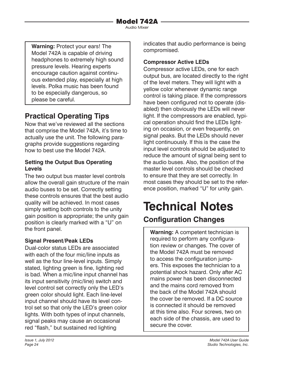 Technical notes, Practical operating tips, Conﬁguration changes | Studio Technologies 742A User Manual | Page 24 / 31