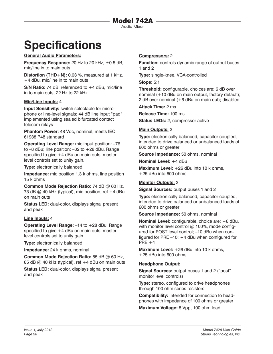 Specifications, Speciﬁcations | Studio Technologies 742A User Manual | Page 28 / 31