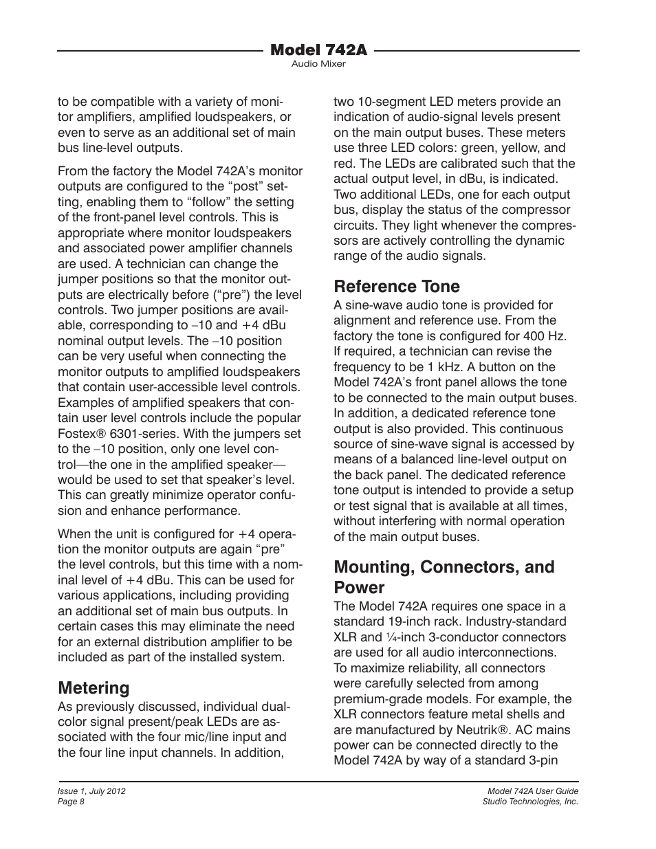 Metering, Reference tone, Mounting, connectors, and power | Studio Technologies 742A User Manual | Page 8 / 31