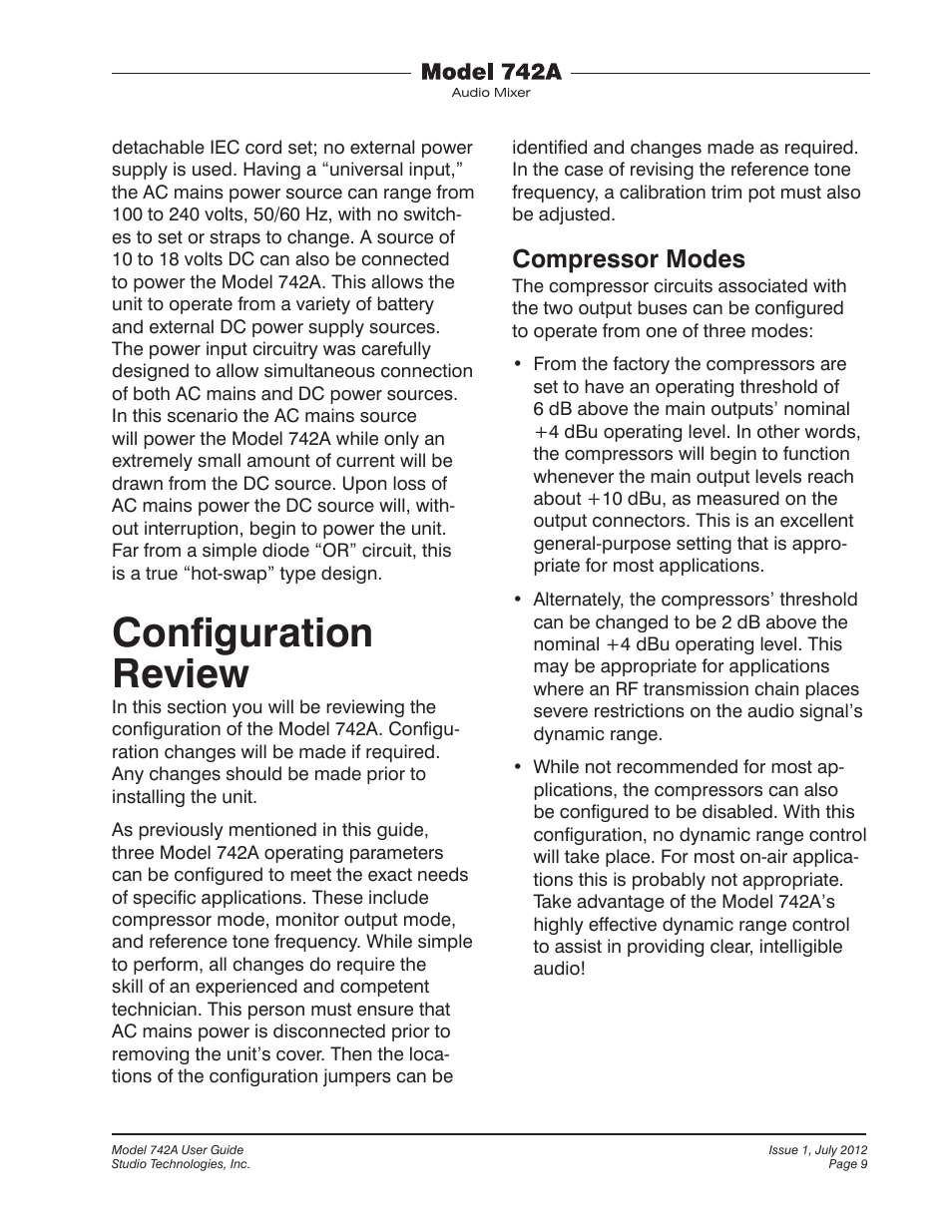 Configuration review, Conﬁguration review, Compressor modes | Studio Technologies 742A User Manual | Page 9 / 31