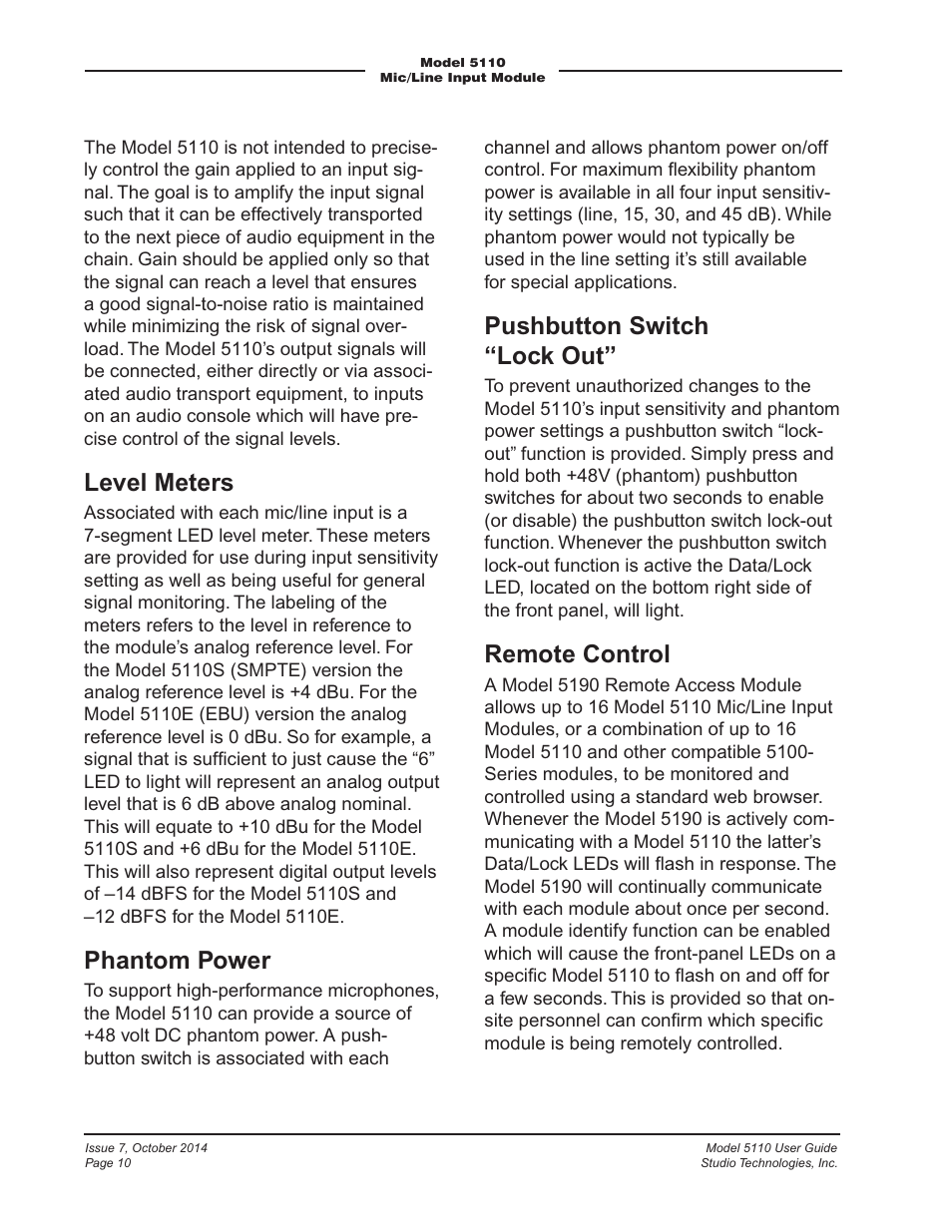 Level meters, Phantom power, Pushbutton switch “lock out | Remote control | Studio Technologies 5110 V.3.2 User Manual | Page 10 / 17